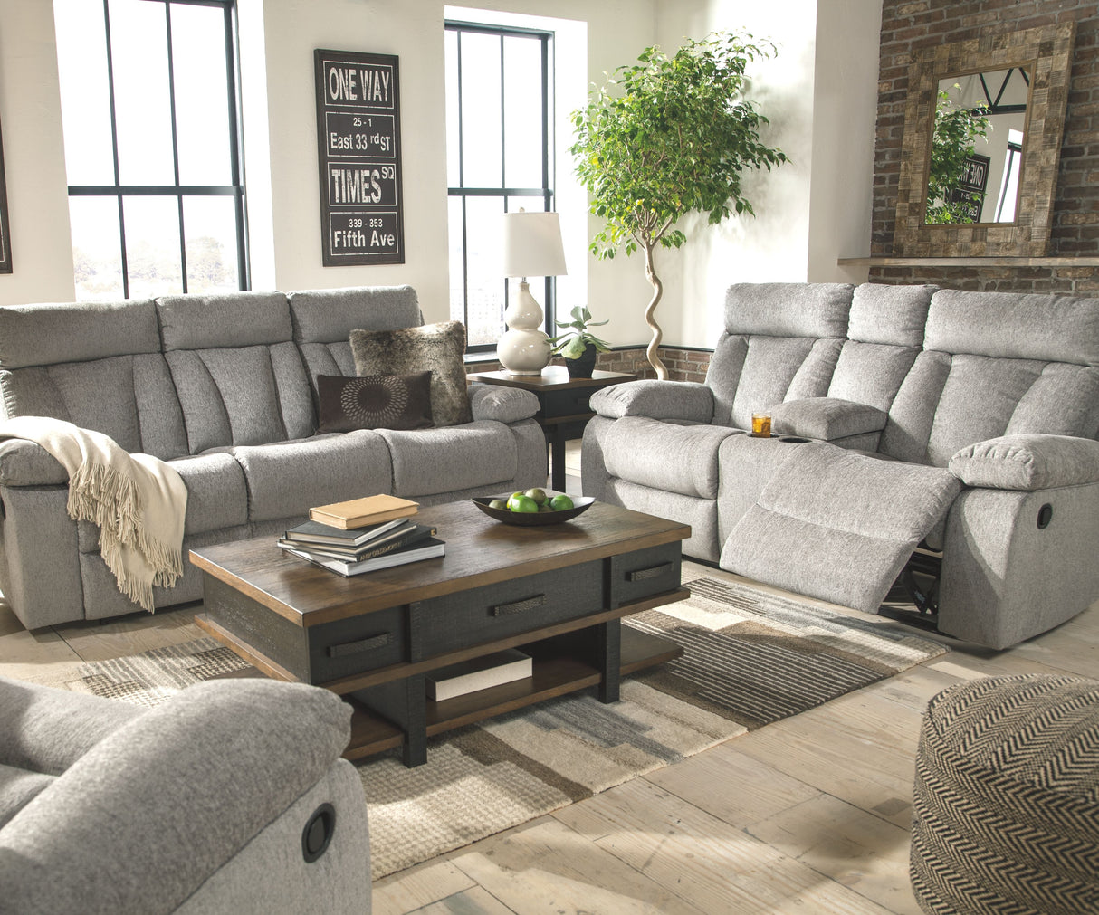 Mitchiner - Fog - REC Sofa w/Drop Down Table