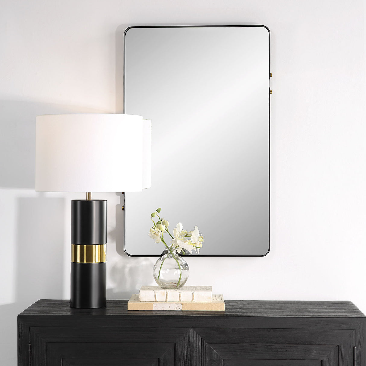 Mirror With Gold Accents - Matte Black