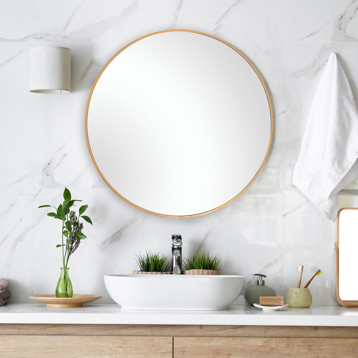 Round Framed Plain Mirror - Brushed Gold