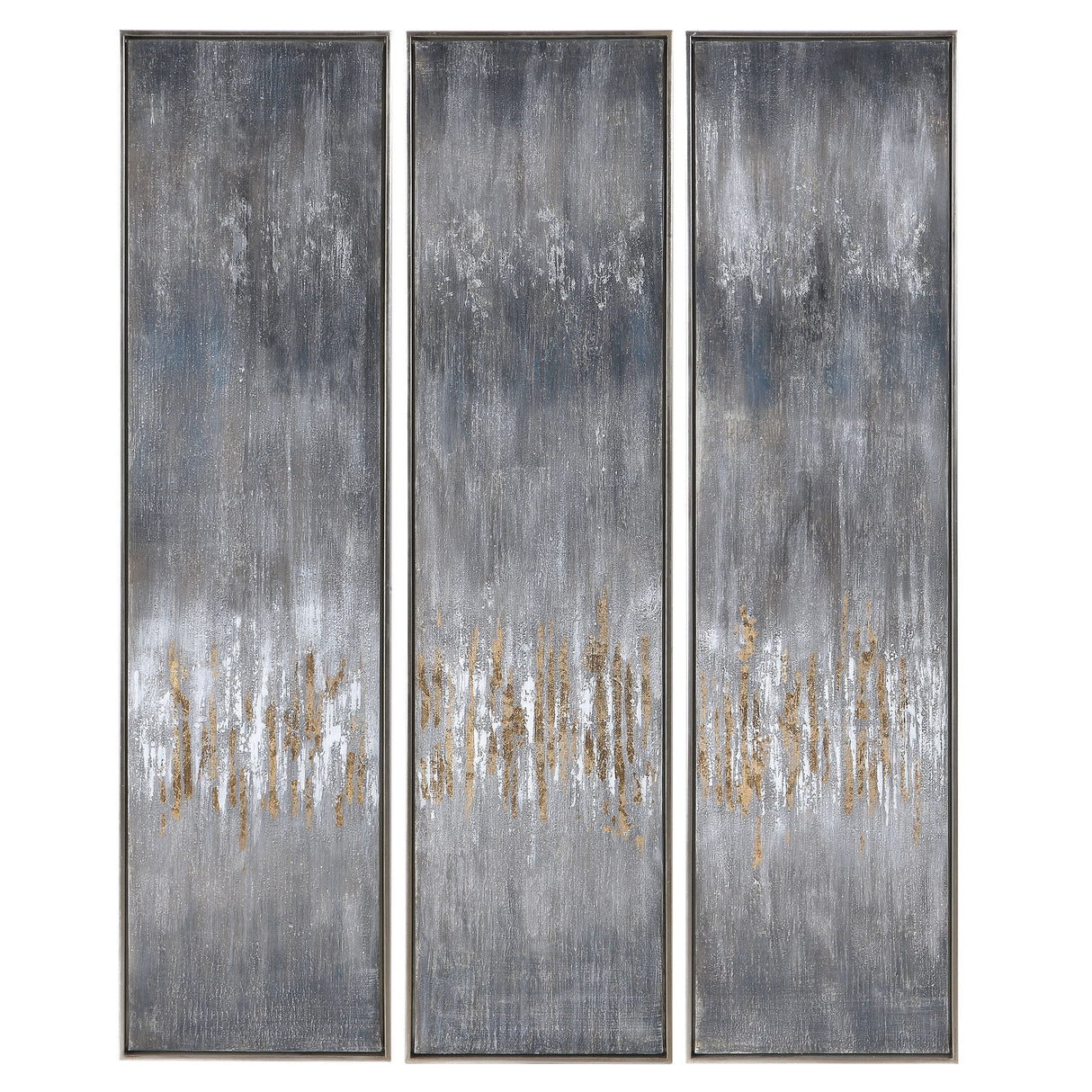 Gray Showers - Hand Painted Canvases, Set Of 3 - Gray, Dark