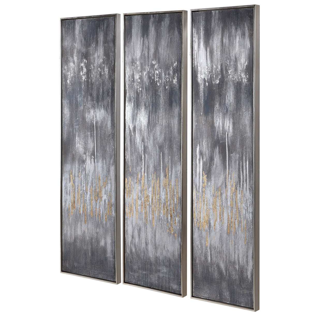 Gray Showers - Hand Painted Canvases, Set Of 3 - Gray, Dark