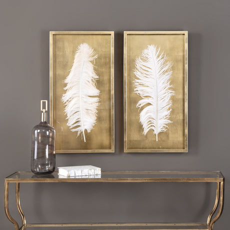 White Feathers - Shadow Box, Set Of 2 - Gold