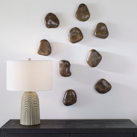 Pebbles - Walnut Wood Wall Décor, Set Of 9 - Brown, Dark