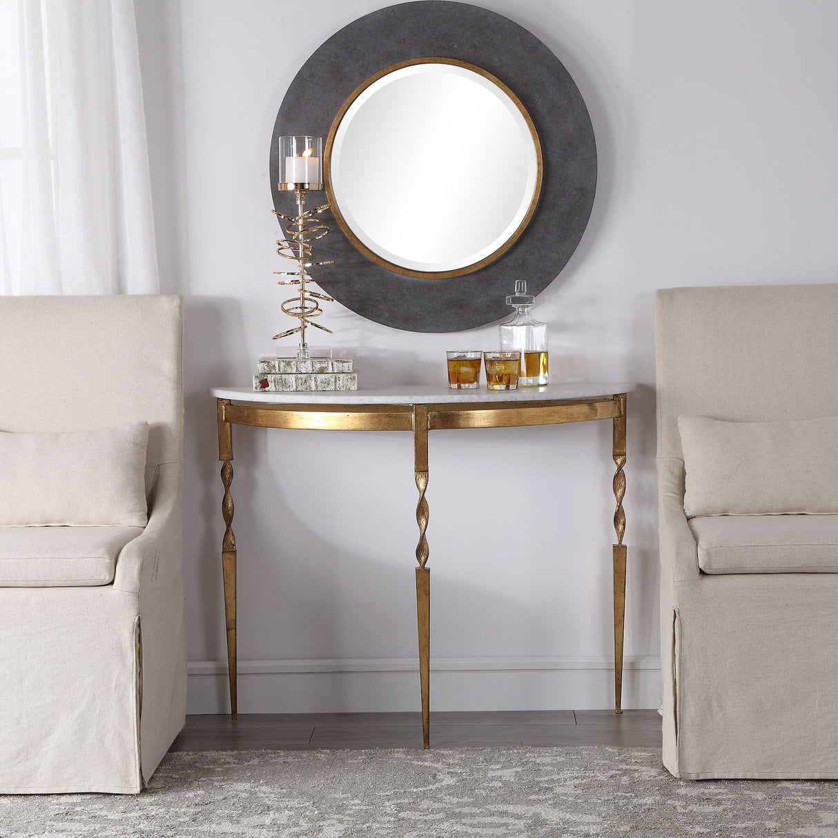 Imelda - Demilune Console Table - Gold & White