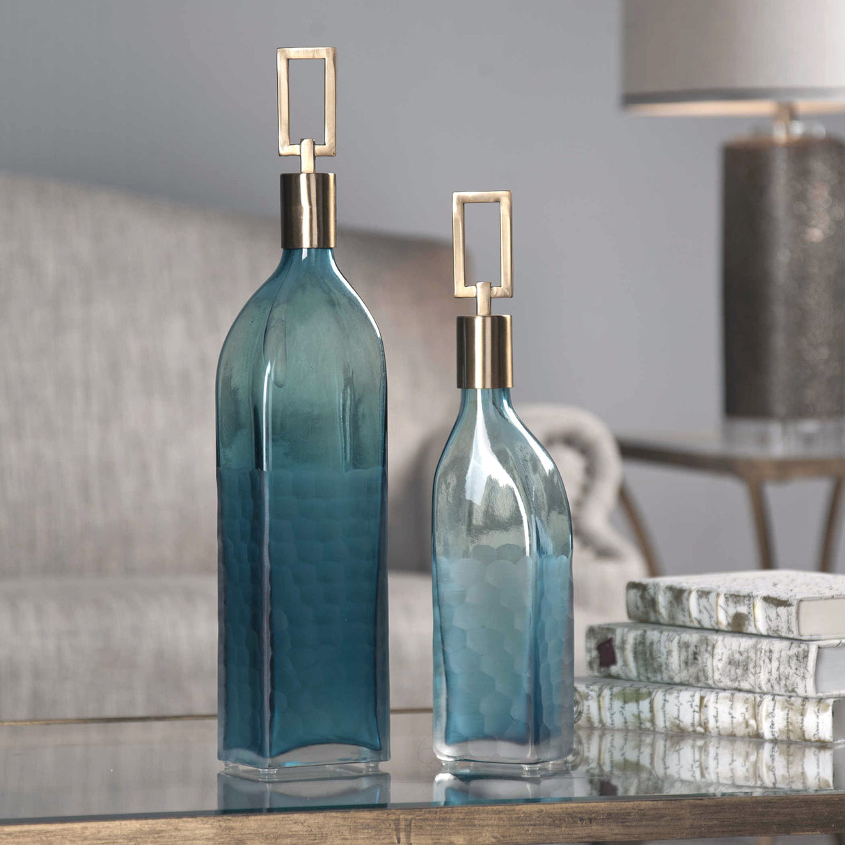 Annabella - Glass Bottles, Set Of 2 - Teal