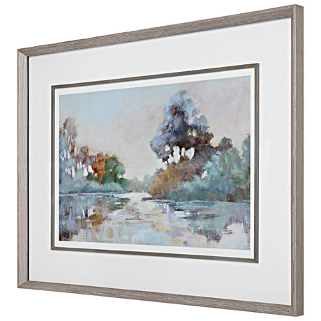 Morning Lake - Watercolor Framed Print - Blue