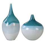 Carla - Vases, Set Of 2 - White & Teal