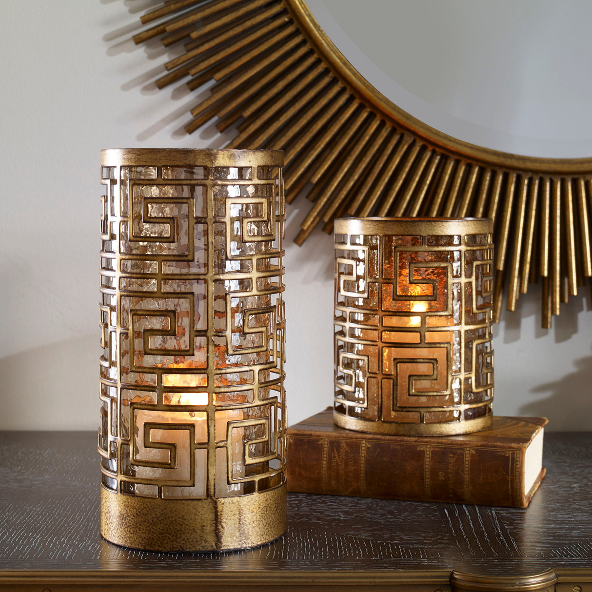 Ruhi - Hurricane Candleholders, Set Of 2 - Light Brown