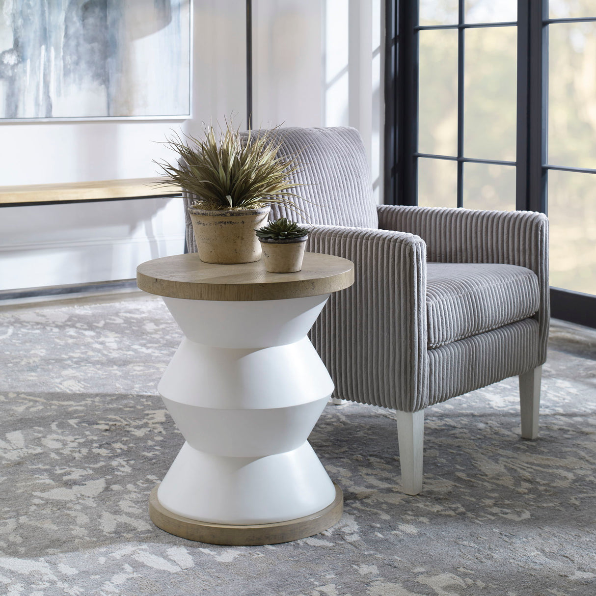 Spool - Geometric Side Table - White & Light Brown